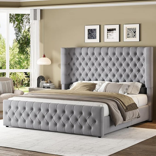 Jocisland Queen Size Upholstered Bed Frame with 6.3-Inch Curved Wingback Headboard, Tufted Footboard, Wood Slats, No Box Spring Needed, Light Grey Velvet