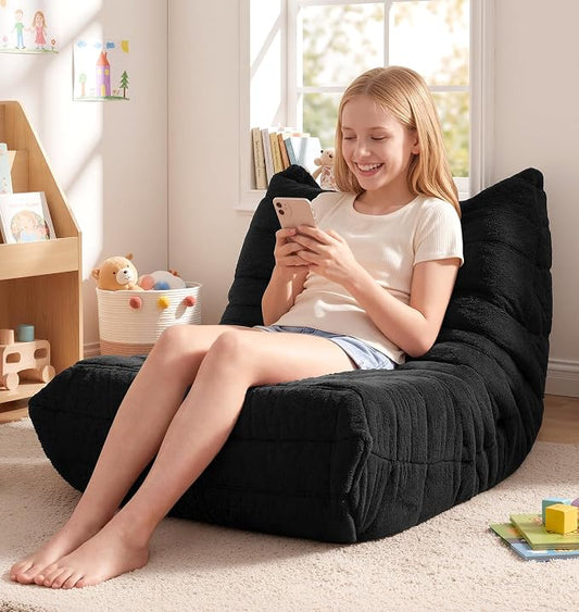 Hobestluk Medium Bean Bag Chair Faux Fur Fabric BeanBag Couch for Playroom | Black Plush,Ergonomic Design,Memory Foam,Strong Supportive,No Assembly Required,Decorative Style for Living Room Bedroom