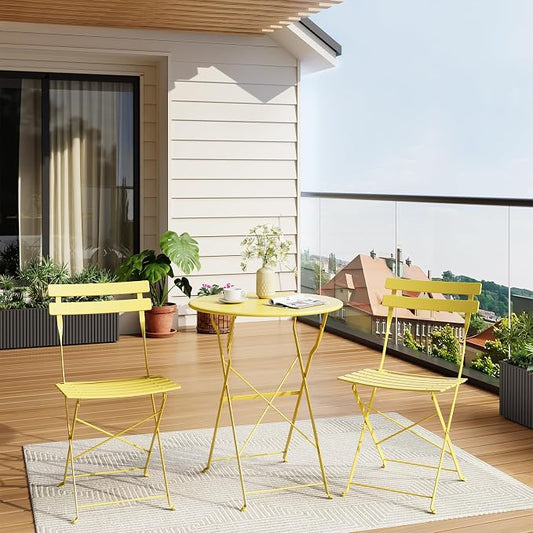 Bistro Table and Chairs Set of 2, 3 Piece Outdoor/Indoor Folding Patio Bistro Sets, 2 Chair Patio Furniture Set with Table, Premium Frame Foldable Coffee Tables for Balcony, Yard, Garden, Yellow