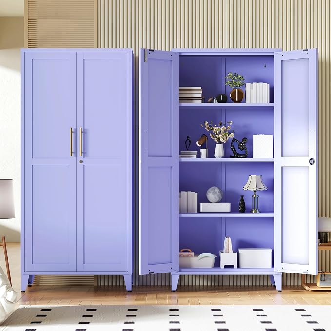 61" Tall Farmhouse Metal Storage Cabinet, Kitchen Pantry Storage Cabinets with 2 Barn Door and 3 Adjustable Shelves, for Home, Office, Kitchen, Laundry Room, Kids Room, Entryway, Purple