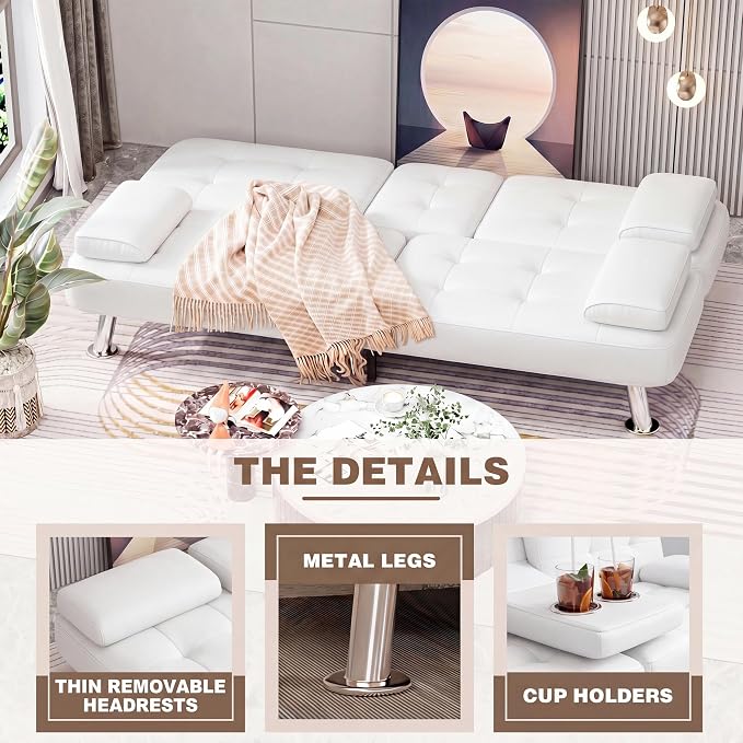 Homall Futon Sofa Bed, Leather Futon Couch with Removable Armrests, Adjustable Recliner Sleeper Sofa Bed with Dual Cup Holders for Living Room, Apartment, Office (White)