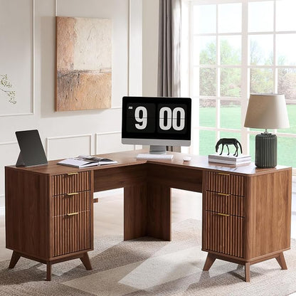 T4TREAM 60'' Fluted Executive L Shaped Desk, Modern Home Office Desk with Charging Station and File Drawer, Computer Corner Desks with Drawers & Storage Cabinet for Office Home, Bedroom, Light Walnut