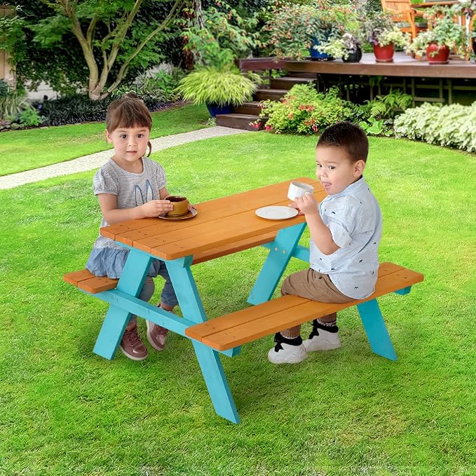 Teamson Kids - Wooden Outdoor Child Children Kids Picnic Table & Chair Bench Set - Brown/Aqua | Weather-Resistant Pine Wood, Seats 4 Children, Ideal for Backyard, Patio, Garden