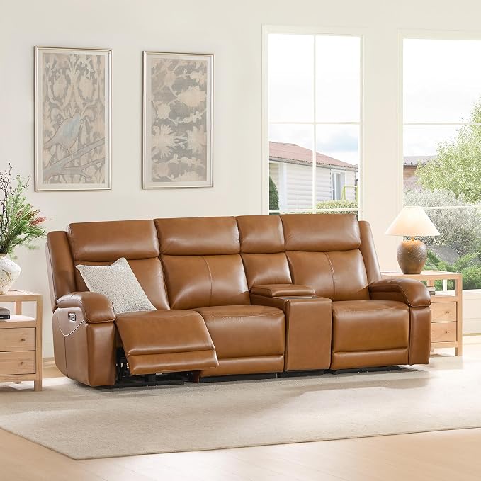 Watson & Whitely Genuine Leather Power Recliner Sofa, 3 Seater Wall Hugger Reclining Sofas with Storage Console, Power Headrest, USB, Electric Recliner Couch Set for Living Room, Saddle Brown