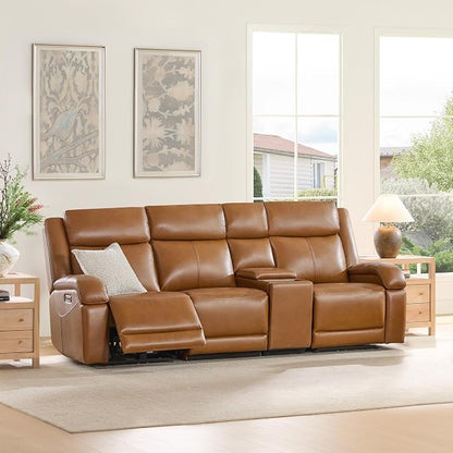 Watson & Whitely Genuine Leather Power Recliner Sofa, 3 Seater Wall Hugger Reclining Sofas with Storage Console, Power Headrest, USB, Electric Recliner Couch Set for Living Room, Saddle Brown