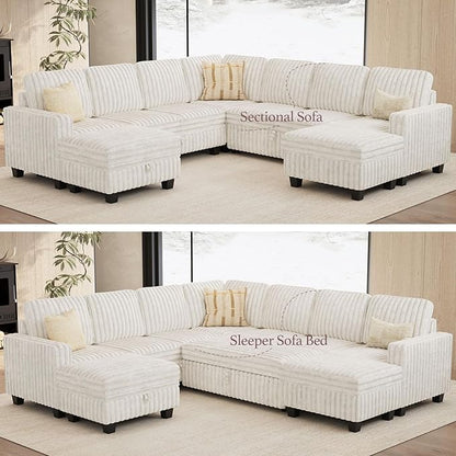 Belffin Oversized Sofa Bed Modular Sectional Sleeper Sofa with Pull Out Bed L Shaped Couch with Storage Chaise Beige Couch
