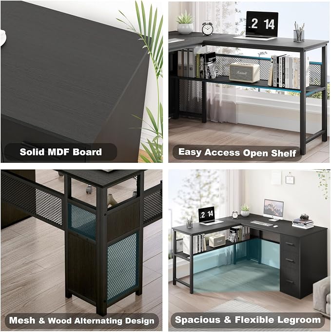 LVB Black L Shaped Desk, Reversible Computer Office Desk with Drawers, Modern Large L Shape Gaming Desk Table with File Cabinets, Wood Executive Corner Desk with Storage Shelf for Bedroom, 59 Inch