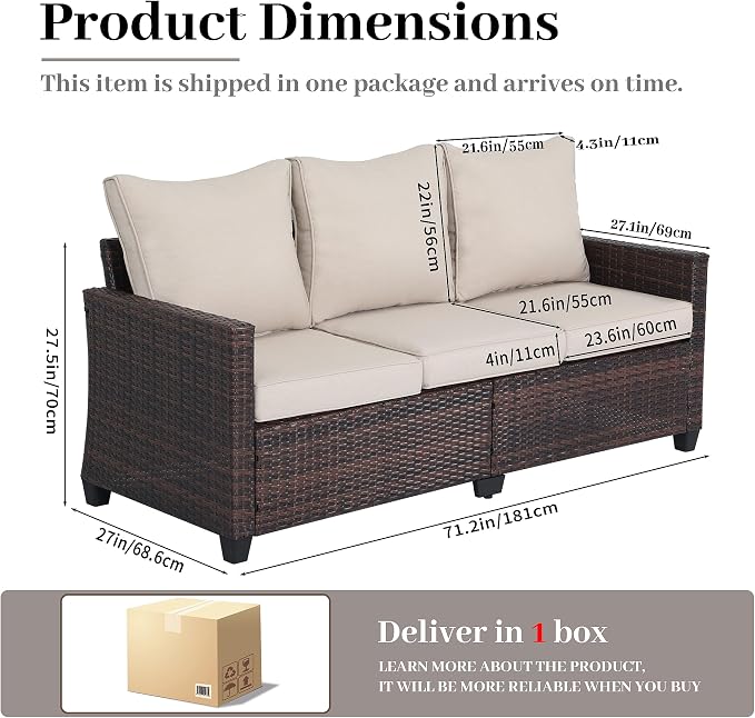 EortheX 3-Seat Rattan Wicker Outdoor Patio Sofa Garden Deck Porch, Beige | Weather-resistant PE rattan, quick-dry anti-slip cushions, for garden/deck/porch, rust-resistant frame, easy assembly
