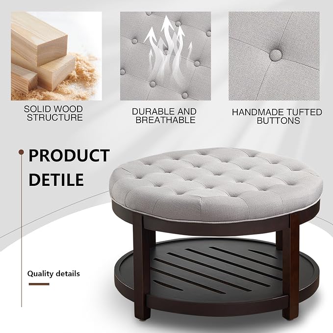 adochr Round Coffee Tables for Living Room,33’’ Storage Ottoman with Wooden Tray, Upholstered Ottoman Footrest Light Grey