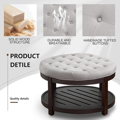 adochr Round Coffee Tables for Living Room,33’’ Storage Ottoman with Wooden Tray, Upholstered Ottoman Footrest Light Grey