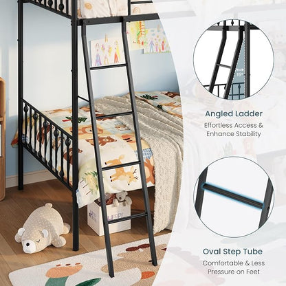SHA CERLIN Convertible Twin Over Twin Bunk Bed,CPC Certified,Black | Victorian Iron-Art Headboard and Footboard,Space-Saving Metal Bunk Bed with Guardrail & Ladder,No Box Spring Needed