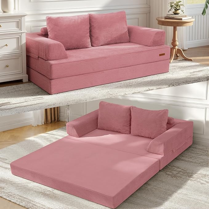COMAX Futon Sofa Bed, Convertible Sofa Bed, Folding Boneless Couches | Boneless Couch for living room, 4‑in‑1 Fold Out Small Foldable Loveseat Floor Sleeper Mattress Lounge Space‑Saving, Pink