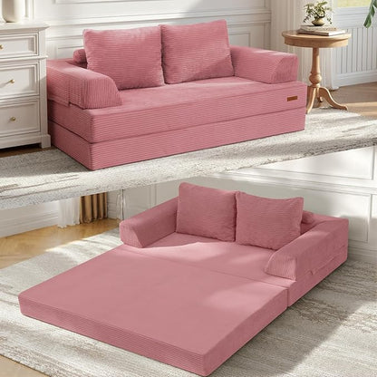 COMAX Futon Sofa Bed, Convertible Sofa Bed, Folding Boneless Couches | Boneless Couch for living room, 4‑in‑1 Fold Out Small Foldable Loveseat Floor Sleeper Mattress Lounge Space‑Saving, Pink