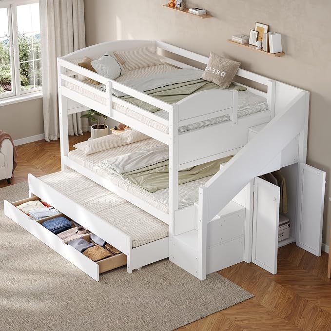 RUNNA Twin XL Bunk Bed with Trundle,Storage Stairs,Kids Bedroom,White | Twin XL bunk bed with trundle, storage stairs, solid wood frame, guardrails, no box spring needed, white, space saving