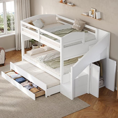 RUNNA Twin XL Bunk Bed with Trundle,Storage Stairs,Kids Bedroom,White | Twin XL bunk bed with trundle, storage stairs, solid wood frame, guardrails, no box spring needed, white, space saving