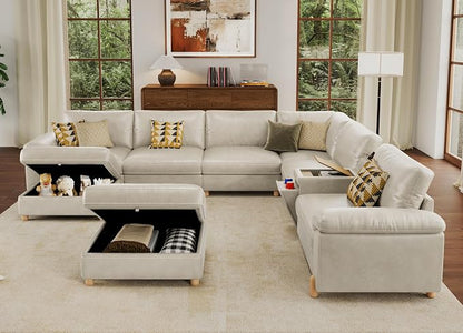 SITJOY Large Cloud Couch, 138" Wide 6 Seater V Shaped with Console, White | Pet-Friendly Scratch-Resistant Leather Sectional Sofas for Living Room, Deep Seat Wide Couch with Chaise, Storage Ottoman
