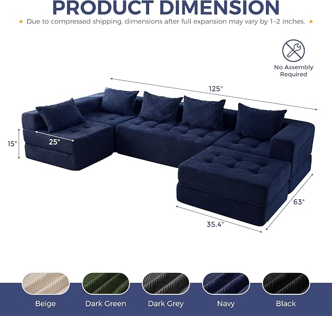 MAXYOYO Modular Sectional Sofa Couch, Foldable U Shaped Cloud Couch with Pillows, Tufted 6-Seat Boneless Lounger Floor Sofa Bed for Living Room, No Assembly Required, Navy