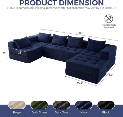 MAXYOYO Modular Sectional Sofa Couch, Foldable U Shaped Cloud Couch with Pillows, Tufted 6-Seat Boneless Lounger Floor Sofa Bed for Living Room, No Assembly Required, Navy