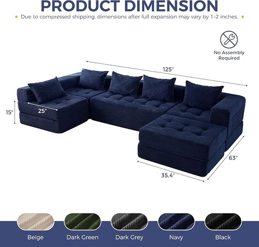 MAXYOYO Modular Sectional Sofa Couch, Foldable U Shaped Cloud Couch with Pillows, Tufted 6-Seat Boneless Lounger Floor Sofa Bed for Living Room, No Assembly Required, Navy
