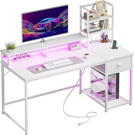 EnHomee 44" Small White Gaming Desk with Hutch & Shelves for Teen Gamer | Dual Monitor Stand for Posture, Built-in Power Strip, Music-sync RGB Lights, Sturdy Steel Frame, Fabric Drawer, Easy Assembly