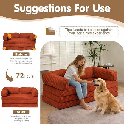 Convertible Sofa Bed Queen,5-in-1 Boneless Couch with Removable Armrests & Handle,Corduroy Futon Sleeper Sofa,Floor Folding Mattress Pull Out Bed for Small Space Apartment Living Room Bedroom,Orange