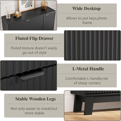 Shoe Cabinet Storage for Entryway with 3 Flip Drawers & Side Cabinet, Fluted Narrow Shoe Organizer with Wooden Leg, Freestanding Shoe Storage Hidden Shoe Rack Organizer for Front Door Entrance, Black