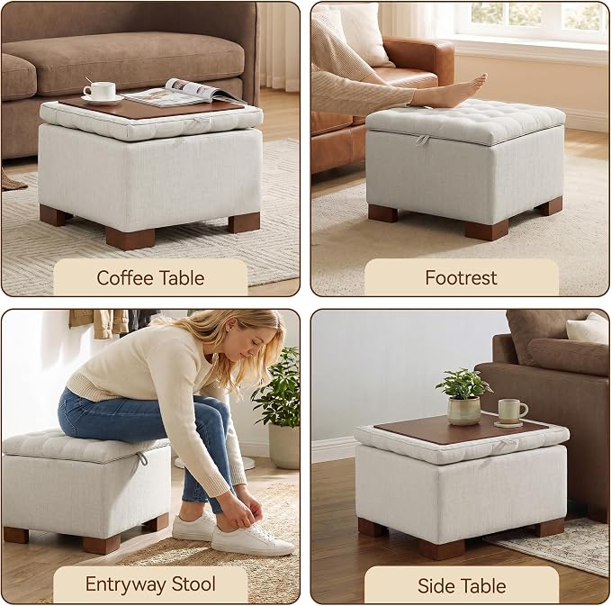 24 Inch Square Storage Ottoman Coffee Table, Modern Tufted Upholstered Ottoman with Flip Tray and Solid Wood Legs, Suitable for Living Rooms, Linen Beige