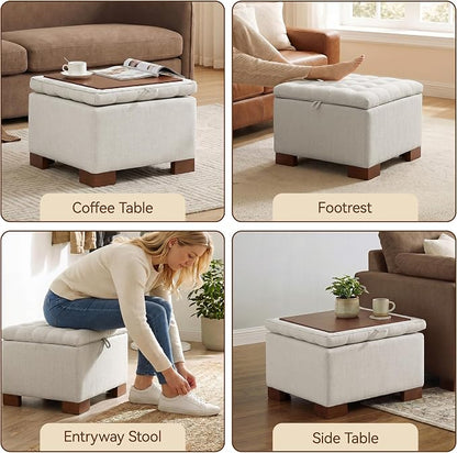 24 Inch Square Storage Ottoman Coffee Table, Modern Tufted Upholstered Ottoman with Flip Tray and Solid Wood Legs, Suitable for Living Rooms, Linen Beige