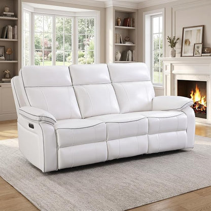 Power Reclining Sofa with Fold Down Table, Breathable PU Leather Electric Reclining Couch, 3 Seater Recliner Sofa with Power Outlets/USB-C/A Ports for Living Room(White, 3 Seat)