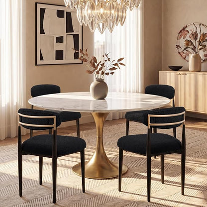Morden Fort Black Dining Chairs Set of 4, Boucle Upholstered Kitchen Chairs with Curved Backs and Gold Metal Frame for Dining Room and Apartment, Black