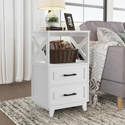May in Color Nightstand, 30" Tall Bedside Table, Farmhouse Side Table with Storage Drawers and Open Shelf, Wooden Rustic End Table Cabinet for Bedroom, Home Office, White