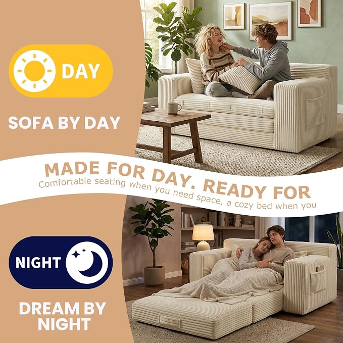 Boneless Loveseat Sofa Bed, Tri-Folding Convertible Futon Sleeper with Handle & Side Pockets, 54'' Boneless Couch with Hook and Loop No Assembly for Small Space,Living Room & Bedroom