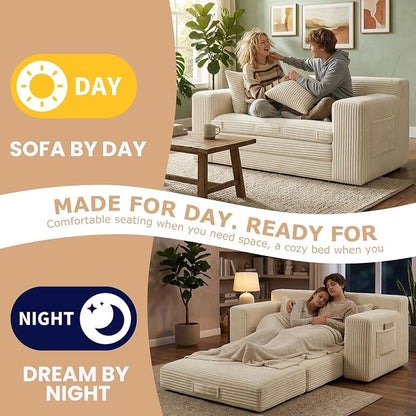 Boneless Loveseat Sofa Bed, Tri-Folding Convertible Futon Sleeper with Handle & Side Pockets, 54'' Boneless Couch with Hook and Loop No Assembly for Small Space,Living Room & Bedroom