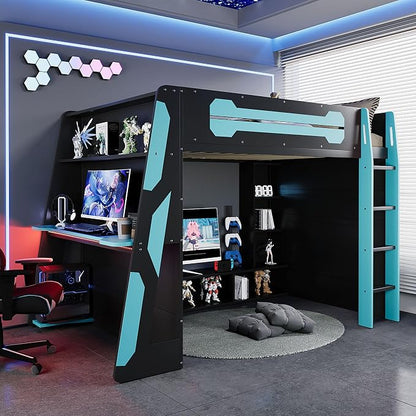 Merax Full Size Loft Bed with Desk, Multi-Storage Shelves and RGB Light | Space-Saving Wooden Gaming Bed Frame with Charging Station and Guardrail