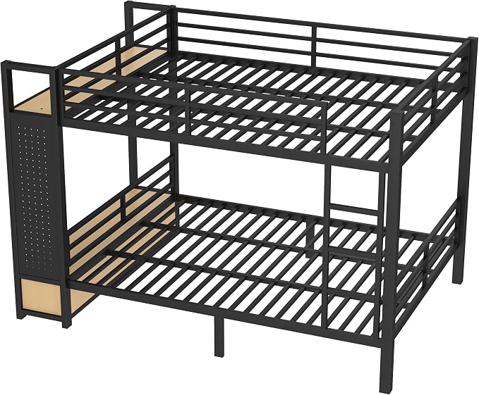 Bellemave Bunk Bed Queen Over Queen,Metal Bunk Bed with Shelf and Guardrails,Queen Bunk beds with Storage Drawers and Clothes Hooks for Kids, Teens & Adults（Black）