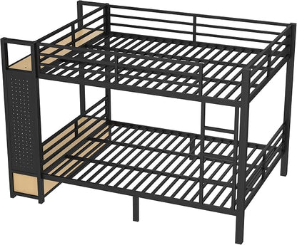 Bellemave Bunk Bed Queen Over Queen,Metal Bunk Bed with Shelf and Guardrails,Queen Bunk beds with Storage Drawers and Clothes Hooks for Kids, Teens & Adults（Black）