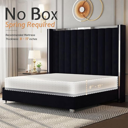 Jocisland King Size Bed Frame with 58" Tall Headboard, Velvet Upholstered Platform Bed with Channel Tufted Wingback Headboard and Plating Trim, No Box Spring Needed, Black