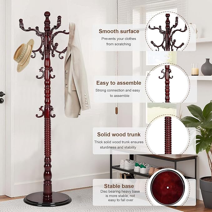 Wooden Coat Rack Freestanding with 18 Hooks, Adjustable Height Coat Tree Free Standing Heavy Duty for Entryway, Easy Assembly Solid Wood Sturdy Coat Hats Hanger Stand for Office Hallway Bedroom