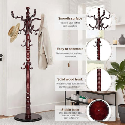 Wooden Coat Rack Freestanding with 18 Hooks, Adjustable Height Coat Tree Free Standing Heavy Duty for Entryway, Easy Assembly Solid Wood Sturdy Coat Hats Hanger Stand for Office Hallway Bedroom