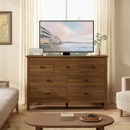 CARPETNAL Oak Dresser for Bedroom, 7 Drawer Dresser with Wide Drawers and Metal Handles, Wood Dressers & Chests of Drawers for Hallyway, Entryway
