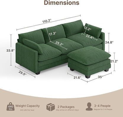Gizoon 110'' Oversized L Shaped Couch for Living Room, Cloud Couches with Washable Corduroy Cover, Modern 4-Seater Comfy Deep-Seat Sofa with Movable Ottoman and 2 Throw Pillows for Apartment, Green