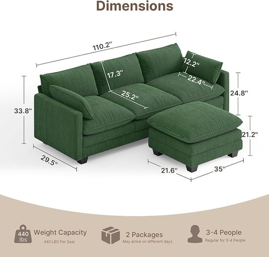 Gizoon 110'' Oversized L Shaped Couch for Living Room, Cloud Couches with Washable Corduroy Cover, Modern 4-Seater Comfy Deep-Seat Sofa with Movable Ottoman and 2 Throw Pillows for Apartment, Green