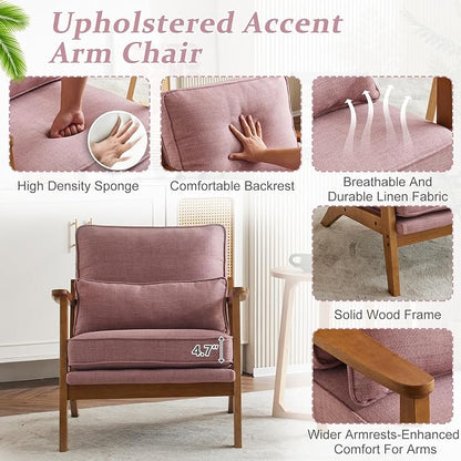 VINGLI Solid Wood Wide Armrests Accent Chair Set of 2,Upholstered Mid Century Modern Chair with Pillow,Farmhouse Arm Chair Comfy Chair,Chairs Living Room,Bedroom,Guest Room,Linen Fabric,Peachy Red