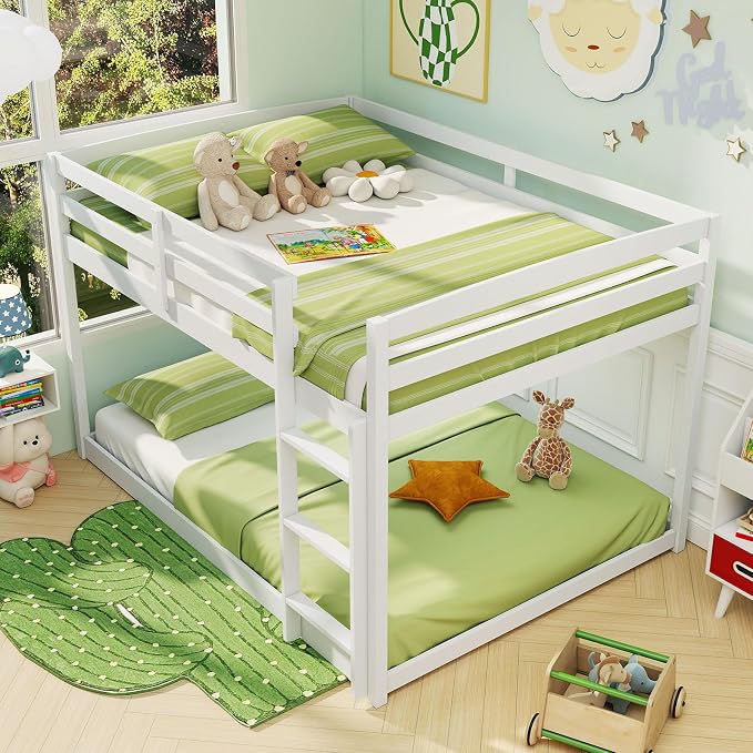 Giantex Full Over Full Bunk Bed, Solid Wood Kids Bunk Bed with Full-Length Guardrails, Integrated Ladder & Anti-Tippling Kits, Low Bunk Beds with Slats Support for Kids, Teens, White