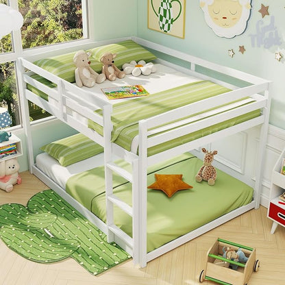 Giantex Full Over Full Bunk Bed, Solid Wood Kids Bunk Bed with Full-Length Guardrails, Integrated Ladder & Anti-Tippling Kits, Low Bunk Beds with Slats Support for Kids, Teens, White