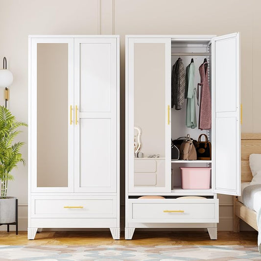 Ckzbx 71" H Metal Armoire Wardrobe Closet with Mirror, Adjustable Shelve, Clothes Metal Wardrobe Cabinet for Bedroom (1 Drawer, White)
