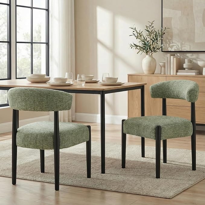 VKNOW Wooden Dining Chairs Set of 2 with Black Rubberwood Legs, Green | Soft Chenille Fabric, Curved Open Back, Thickened Cushion, For Adults and Family, Dining Room, Kitchen, No Wobble