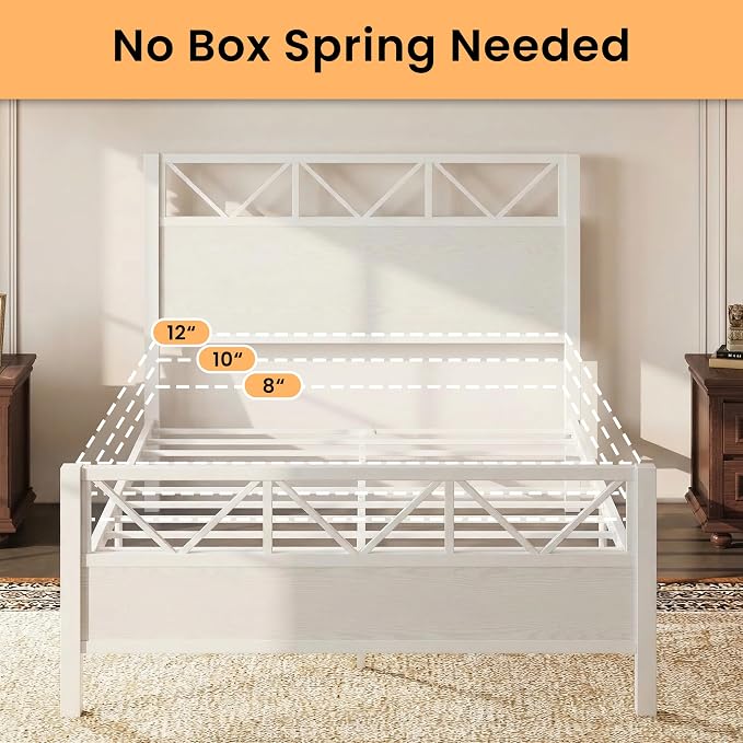 LIKIMIO Queen Bed Frame, Tall Modern Headboard 51.2 ", Platform Bed Frame with Strong Metal Support, Solid and Stable, Noise Free, No Box Spring Needed, Easy Assembly, White