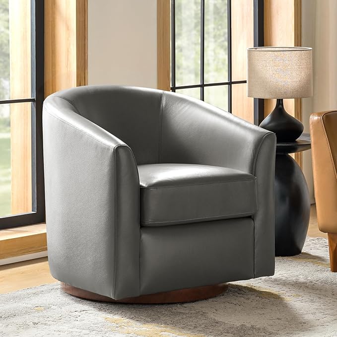 HULALA HOME Genuine Leather Swivel Barrel Chair, Round Swivel Accent Chair with Solid Wood Base, No Assembly Required, Grey