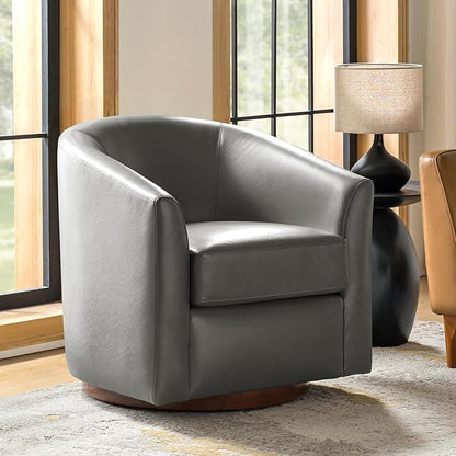 HULALA HOME Genuine Leather Swivel Barrel Chair, Round Swivel Accent Chair with Solid Wood Base, No Assembly Required, Grey